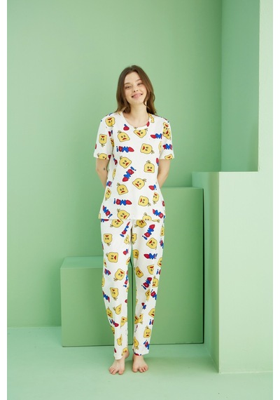 Siyah İnci Pamuklu Bisiklet Yaka Örme Pijama Takım25107157 Ekru