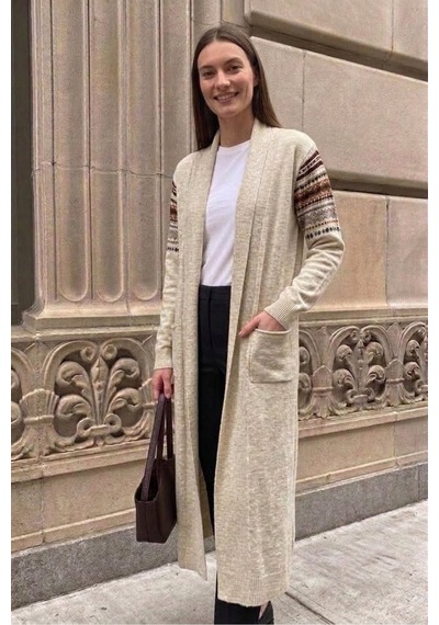 Onno Style Women Kilim Desen Uzun Triko Kadın Hırka Ekru