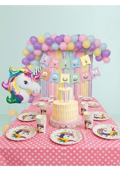 Unicorn Doğum Günü Premium Set Makaron Balon Seti 65 Parça + Banner + Unicorn Balon Çok Renkli