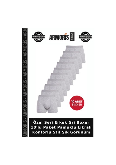 Armoris Özel Seri Erkek Gri Boxer 10'lu Paket Pamuklu Likralı Konforlu Stil Şık Görünüm
