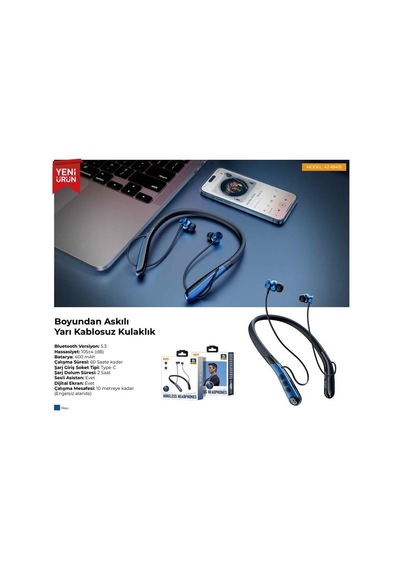 Az-bn05 Boyun Askılı Bluetooth Kulaklık 400mah, 60 Saat Bekleme Genel