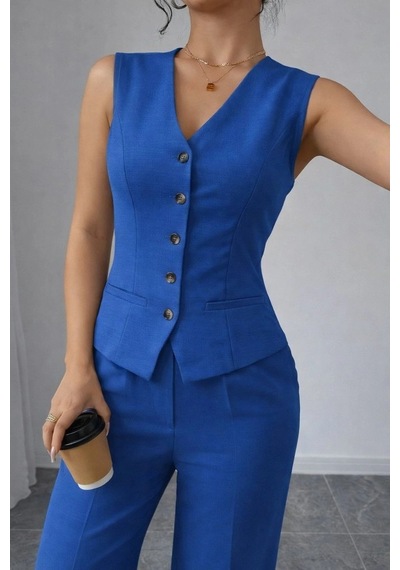 Defymoda Kadın Askılı Önden Düğmeli Bluz Ve Pantolon Keten Ikili Takım Mavi