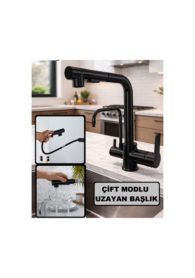Rena Design Aritmali Spiralli 2 Modlu Başlik L Boru Mutfak Evye Bataryasi Prinç Armatür Musluk Mat Siyah