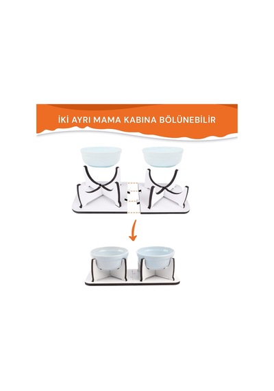 Kedi Köpek Mama Kabı, Ahşap Ayrılabilir Tabanlı 2'li Mama Ve Su Kabı Seti Kaymaz Stand, Hijyenik Kaseler, Minimal Tasarım, Seramik Kase Mavi Seramik