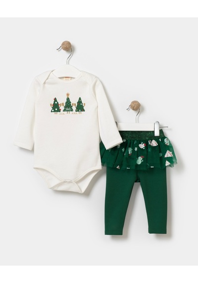 Magu Kız Bebek Pamuklu Beyaz Noel Temalı Body Ve Bebek Tül Etekli Tayt Takım