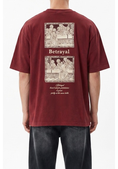 Respire Erkek Betrayal Baskılı Yıkamalı Oversize T-shirt Bordo