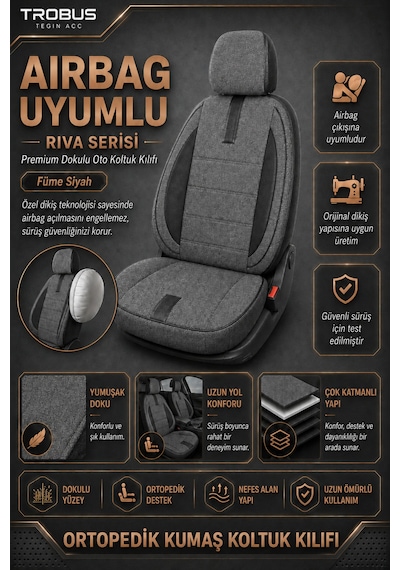 Citroen Berlingo 2004-2018 Uyumlu Riva Serisi 2+1 Ticari Füme Siyah Ortopedik Koltuk Kılıfı