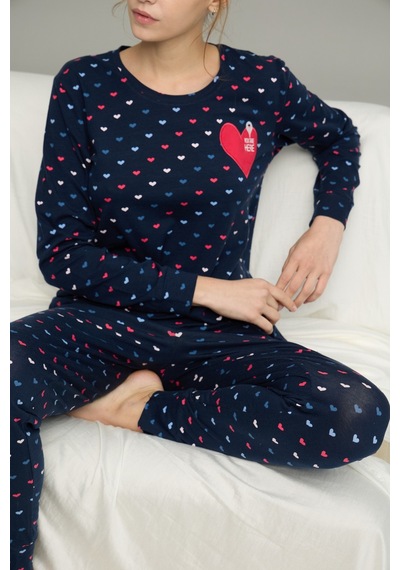 Siyah İnci Pamuklu Bisiklet Yaka Örme Pijama Takım25241145 Lacivert