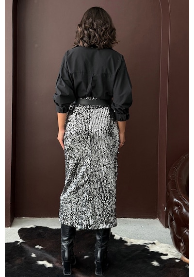 Verymoda Pullu Kadife Uzun Etek F2053 Gümüş