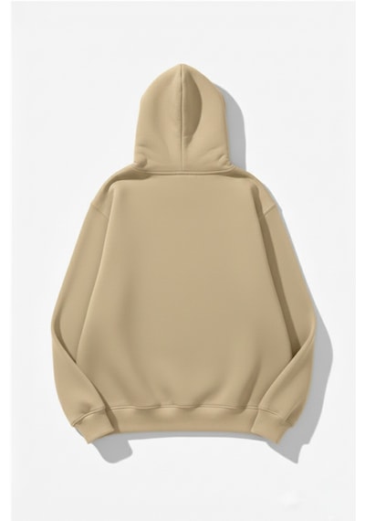 Uyguntarz Unisex Yumuşak Dokulu Kırmızı Yıldız Baskılı Tasarım Oversize 3 İplik Hoodie Sweatshirt Bej
