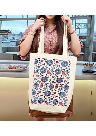 Türk El Sanatları İç Cepli Körüklü Örgü Kulplu Kanvas Çanta 35x40x10 Cm - No.01 Beyaz - Siyah