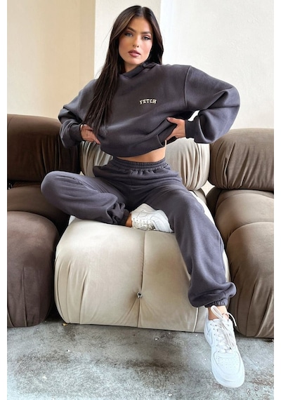 Fetch Eşofman Takımı Sweatshirt Jogger - Füme Baskılı Oversize Şardonlu Kapüşonlu Gri
