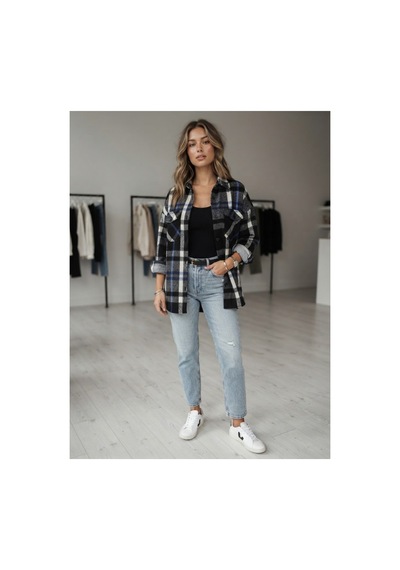Polologin Butik Mavi Çizgili Oduncu Ekose Şık Kadın Gömlek Ceket Siyah
