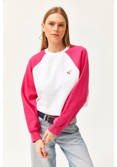 Kadın Oversize Pembe-beyaz Içi Polarlı Şardonlu Nakışlı Pamuklu K Pembe - Beyaz