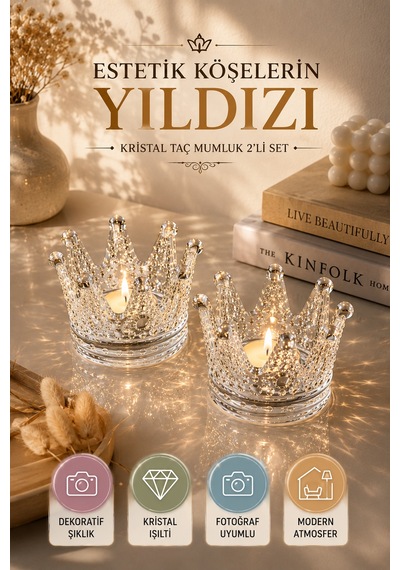 2'li Set Kristal Taç Mumluk Şeffaf Diğer