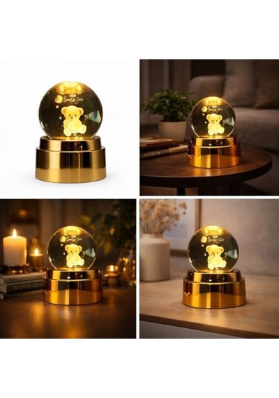 Smile Day 3d Kristal Top Gece Lambası, Teddy Bear Figürlü, Altın Rengi Tabanlı, Led Aydınlatmalı, Sevgiliye Hediye Diğer