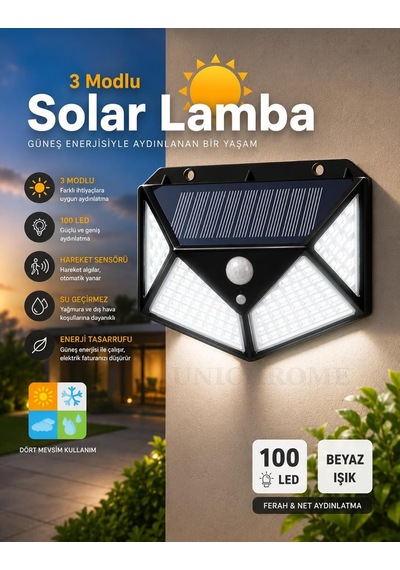 100 Led Solar Pır Hareket Sensörlü Su Geçirmez Duvar Lambası Ip65 Çok Renkli