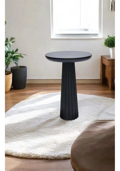 Wood Wooden Ahşap Tekli Mantar Yan Sehpa Modern Siyah Renk Fiskos