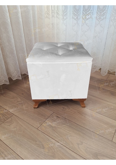 Lüks Sandıklı Tabure Puf 45 X 45 Cm Ceviz Ayak Beyaz