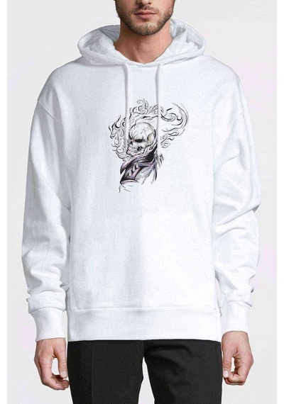 Ghost Rider Baskılı Beyaz Erkek Örme Kapşonlu Sweatshirt (531045346)