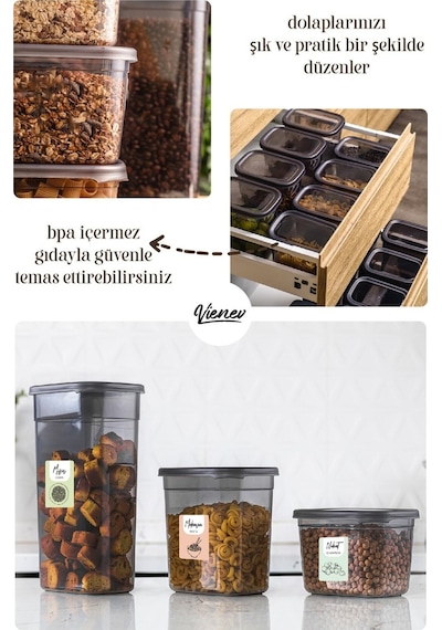 Vienev Peggy Renkli Etiketli Dikdörtgen Saklama Kabı Antrasit 4x 1.3 L + 2 L + 3.2 L 12'li Antrasit