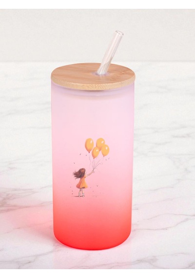 Balonlu Kız Baskılı 600 Ml Cam Matara- Su Matarası, Suluk Matara, Cam Pipetli Matara Kırmızı