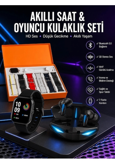 Mey İthalat 7 Kordonlu Akıllı Saat Ve Kulaklığı Anc Özelliği Kulak İçi Mikrofonlu Sesli Görüşme