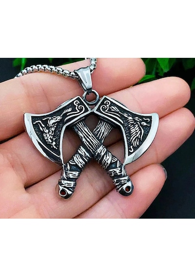 Nordic Mitoloji Viking Çift Balta Kolye Paslanmaz Çelik Erkek Kolye Gümüş