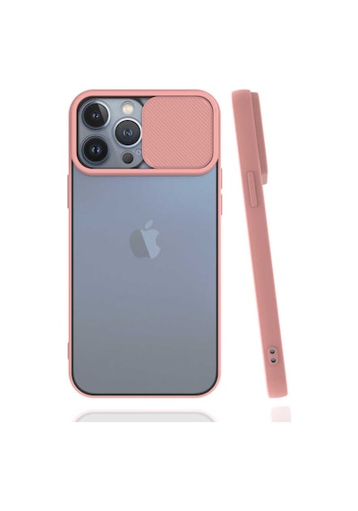 Noktaks - Apple Uyumlu iPhone   13 Pro Max - Kılıf   Slayt Sürgülü Arkası Buzlu Lensi Kapak - Pembe Açık