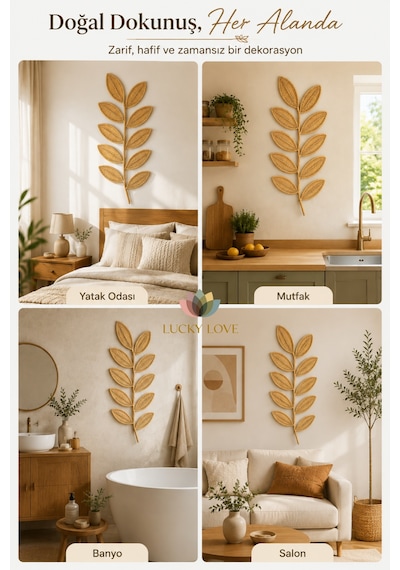 Rattan Yaprak Duvar Dekoru 90x35 Cm Doğal Görünümlü Bohem Hasır Duvar Süsü 1
