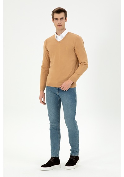 U.S. Polo Assn. Erkek Slim Fit V Yaka Camel Basic Kazak 50294764-VR015