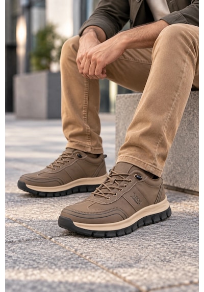 In Step Perra Erkek Kahve Deri Sneaker - Bej Kalın Tabanlı Günlük Spor Ayakkabı