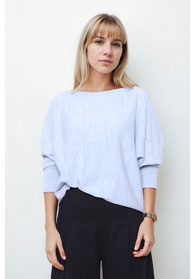 Vitrin Geniş Yaka Yarasa Kol Oversize Triko Bluz Mavi
