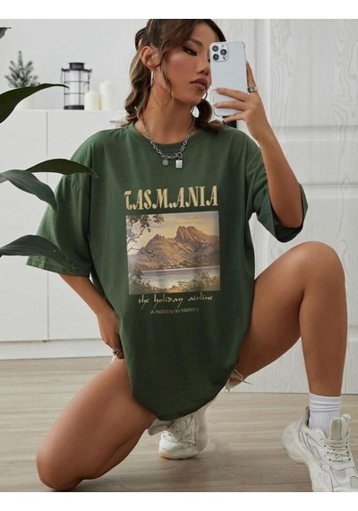 Flood Of Style Kadın Nefti Yeşili Tasmania Baskılı Oversize T-shirt Yeşil