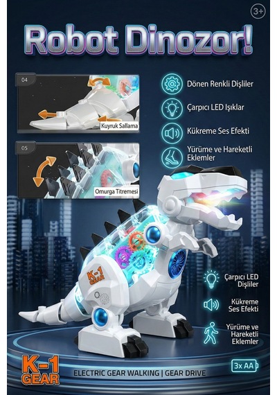 Vardem Oyuncak K-1 Gear Şeffaf Gövdeli Işıklı Sesli Yürüyen T-rex Robot Dinozor Beyaz Çok Renkli