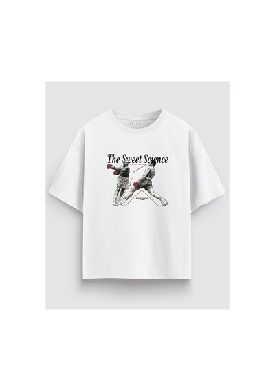 Yolo Street The Sweet Science Boks Baskılı Oversize Tişört %100 Pamuk Unisex Streetwear Beyaz