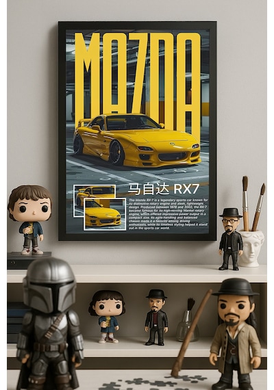 Mazda Rx7 Siyah Ahşap Çerçeveli Poster, Dekoratif Araba Duvar Tablosu
