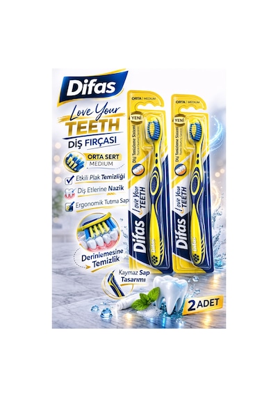 Difaş Love Your Teeth Diş Fırçası 2 Adet Orta Sert Medium Ergonomik Saplı Manuel Diş Fırçası
