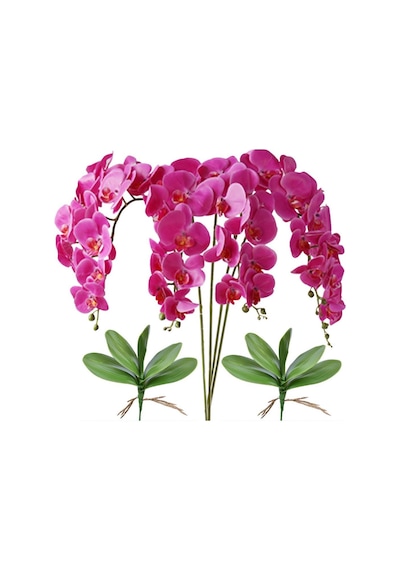 4lü Set Yapay Çiçek Fuşya Islak Orkide Ve 2 Adet Orkide Yaprağı Gerçeksi Doku Uzun Dal 90cm