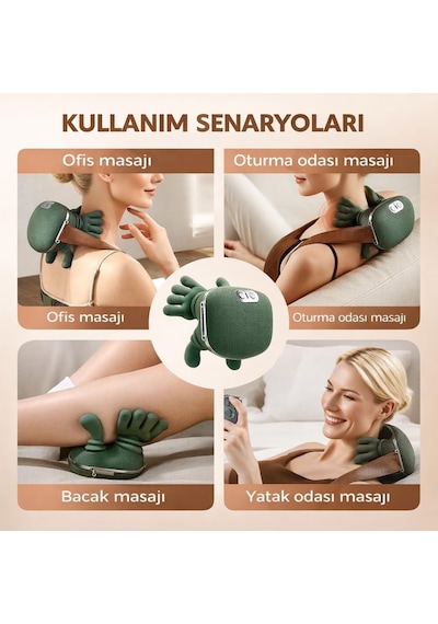 Isıtmalı Şarjlı Boyun Ve Omuz Masaj Aleti İnsan Eli Hissi Veren Yoğurmalı Masaj Cihazı Yeşil-1760 Gri