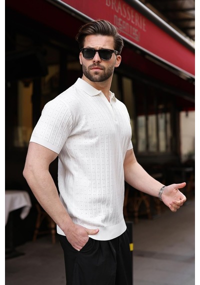 Beyaz Polo Yaka Slim Fit Triko Erkek Tişört E7465 Beyaz