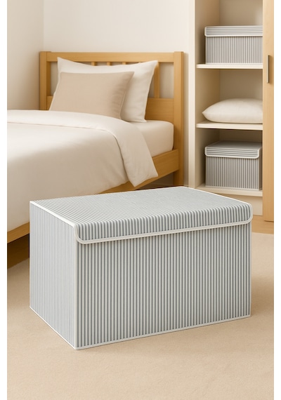 Serstil Orta Boy Kapaklı Kutu Hurç Kıyafet Battaniye Saklama Kutusu Organizer 50x40x30 Cm - Gri Çizgili