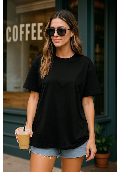 Kadın Siyah %100 Pamuk Oversize Basic Tişört Rahat Kalıp Relaxed Bisiklet Yaka T-shirt Çok Renkli Kadın Siyah %100 Pamuk Oversize Basic Tişört Rahat Kalıp Relaxed Bisiklet Yaka T-shirt Çok Renkli