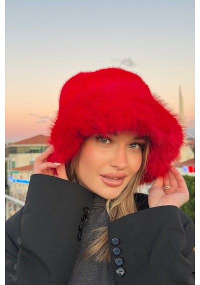 Mollycrush Suni Kürklü Peluş Bucket Kalpak Şapka Luxury Kadın Kırmızı Rus Slav Tarzı Kırmızı