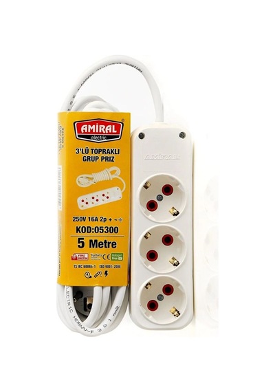 Amiral 3' Lü Topraklı 5 Metre Kablolu Grup Priz 5 M
