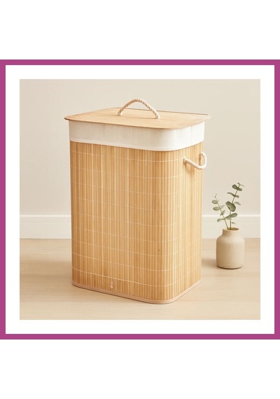 Gees Global Bambu Kirli Çamaşır Sepeti 40x30x60 Cm - Kapaklı İpli Kumaş Torbalı Gbzs