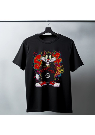 Vinevesta Sylvester Graffiti Baskılı Unisex Siyah Oversize Tişört - 24/1 Penye Çok Renkli