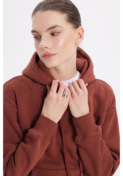 Tudors Kadın Oversize Geniş Kesim Pamuklu Yumuşak Dokulu İçi Polarlı Basic Kahverengi Kapüşonlu Sweatshirt-42082 Kahverengi