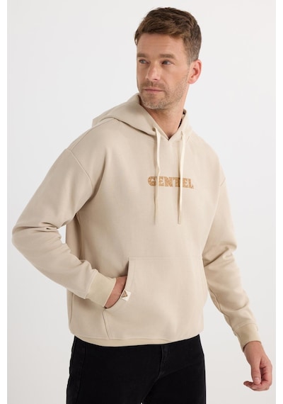Tudors Erkek Oversize Geniş Kesim Pamuklu Baskılı Bej Kapüşonlu Sweatshirt-37296 Bej