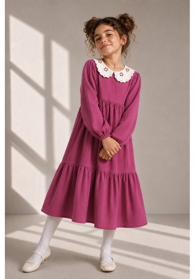 Angel&co. Girls Clothing Brode Yaka Müslin Midi Elbise-fuşya Fuşya